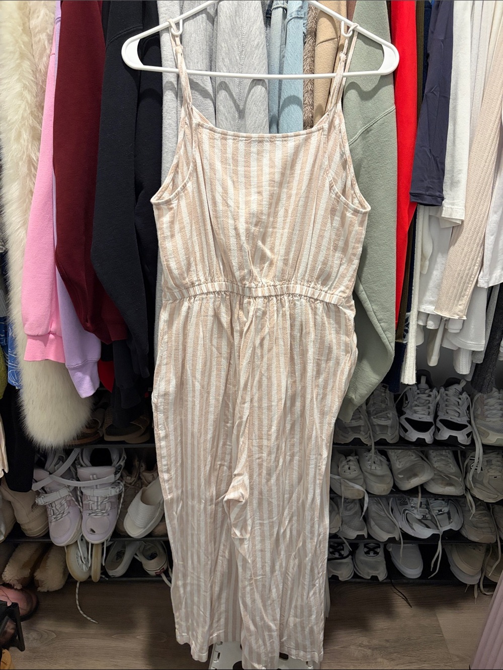 Loft petite Beige & White Linen-Blend Jumpsuit small